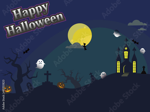 ハロウィン背景、暗闇に浮かぶ月と不気味な城、丘にはジャックオーランタンや墓、不気味な木のまわりに幽霊やコウモリ