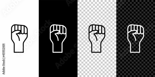 Set line Raised hand with clenched fist icon isolated on black and white background. Protester raised fist at a political demonstration. Empowerment. Vector