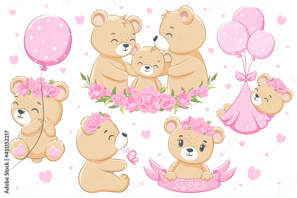 A collection of cute family of bears, for girls. Flowers, balloons and hearts. Cartoon vector illustration.