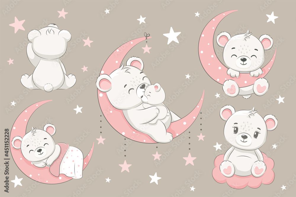 Set of cute bears, sleeping on the moon, dreaming and flying in a dream on the clouds. Cartoon vector illustration. Set of cute bears, sleeping on the moon, dreaming and flying in a dream on the clouds. Cartoon vector illustration.