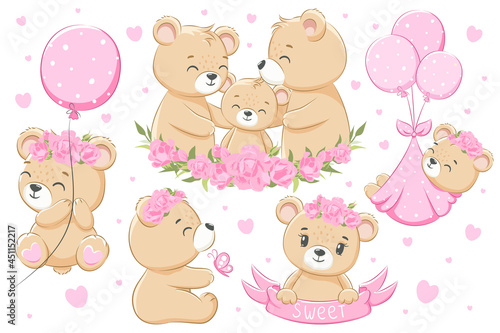 A collection of cute family of bears, for girls. Flowers, balloons and hearts. Cartoon vector illustration.