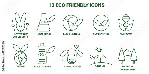 Eco friendly environmental health cruelty-free animals rights not tested on animals vegan gluten-free organic green non-toxic icons set graphic
