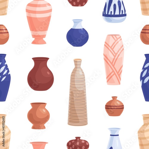 Seamless pottery pattern with ceramic, porcelain, clay and earthen vases and pots on white background. Endless texture design with empty vessels. Flat vector illustration for printing and decoration