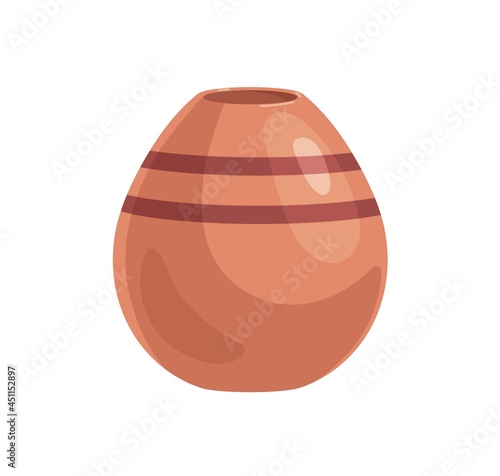 Clay vase with narrow neck. Brown earthen vessel. Pottery object. Realistic empty pot. Colored flat cartoon vector illustration of earthenware isolated on white background