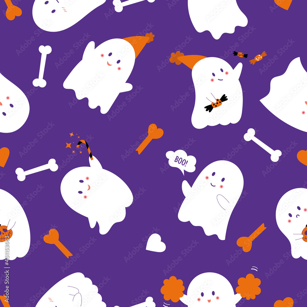 Set of cute vector happy ghosts icons. Halloween seamless pattern funny. Childish spooky boo characters for kids. Magic scary spirits with different emotions and face expressions. Set of cute vector happy ghosts icons. Halloween seamless pattern funny. Childish spooky boo characters for kids. Magic scary spirits with different emotions and face expressions.