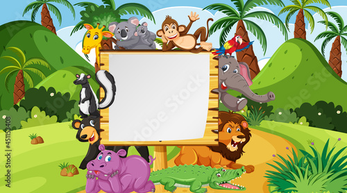 Photography Empty wooden frame with various wild animals in the forest