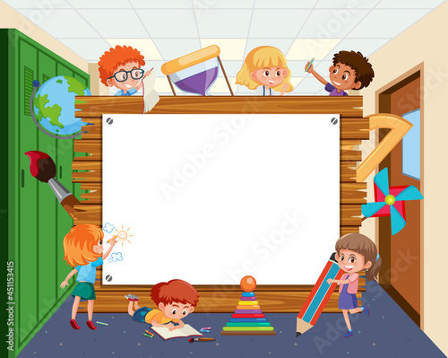 Empty wooden frame with school kids cartoon