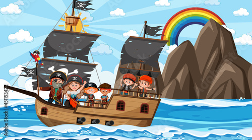 Ocean scene at daytime with Pirate kids on the ship