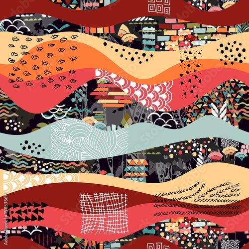 Abstract seamless pattern with richly decorated waves. Multicolor print for fabric, wallpaper.