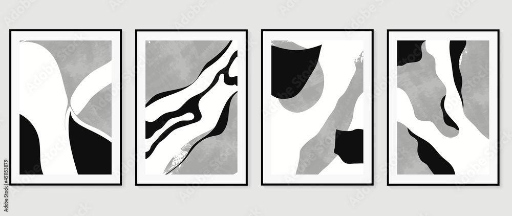 Abstract art black and white background vector. Minimal hand painted watercolor and line art illustration.  Design for wall decoration, wall arts, cover, postcards, brochure. 