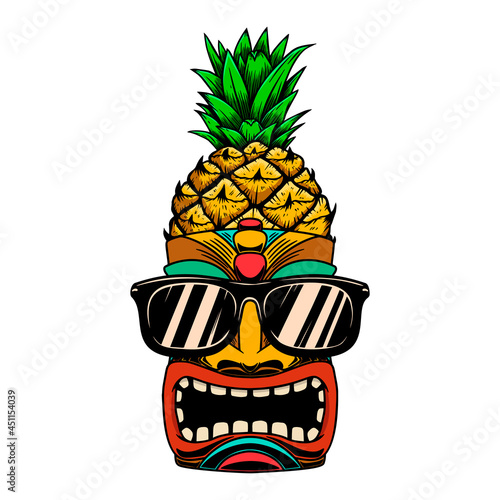 Illustration of tiki mask in sunglasses. For t shirt, poster, card, banner, logo. Vector illustration photo