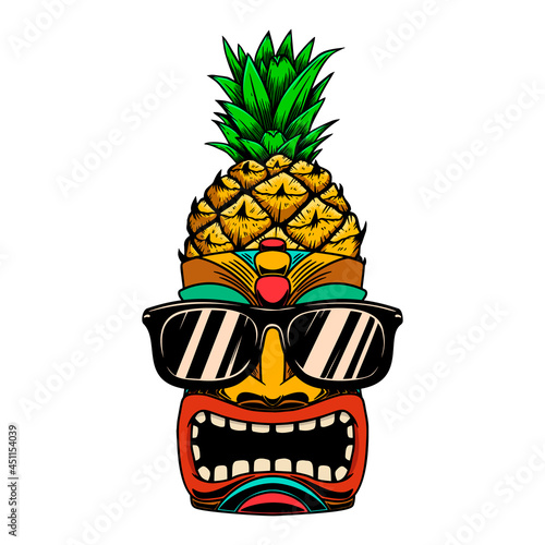 Illustration of tiki mask in sunglasses. For t shirt, poster, card, banner, logo. Vector illustration