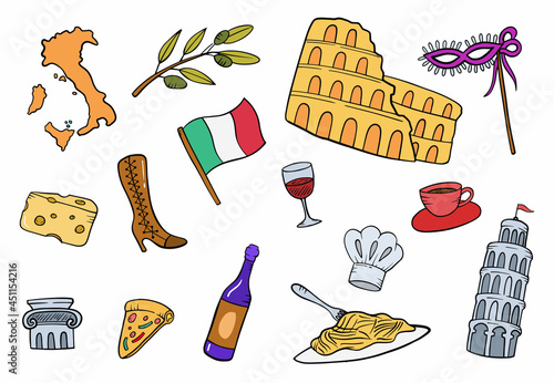 italy doodle hand drawn set collections with flat outline style