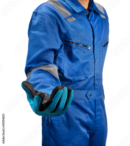 Mechanics or Technician man use hands to receive something isolated on a white background, Mechanics man isolated on a white background With clipping path.