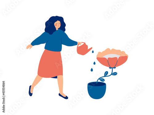 Girl is watering a flower in the pot. Female gardener grows plant. Woman takes care of room floral. Mental health and wellbeing concept. Vector illustration