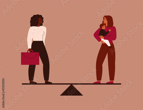 Work-life balance concept. Businesswoman and female with a baby on her hands stand on the scales. Childminder and Working mother are equal. Maternity and career vector illustration