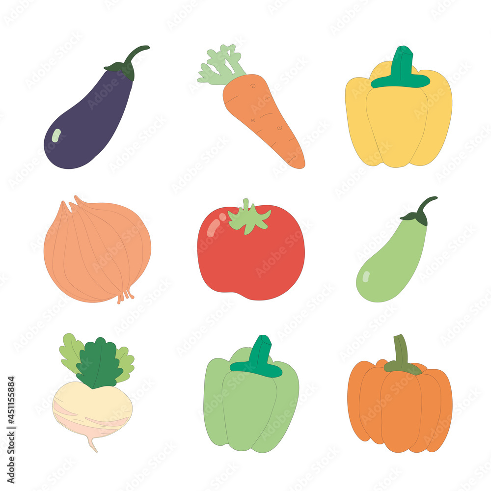Set vegetables: onion, radish, tomato, pumpkin, carrot, pepper, eggplant on white isolared background. Set vegetables: onion, radish, tomato, pumpkin, carrot, pepper, eggplant on white isolared background.