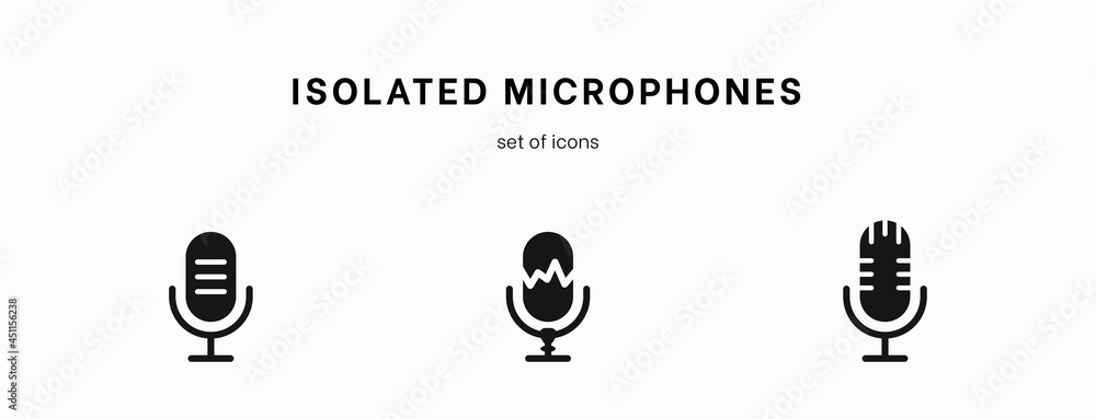 Microphone icon set. Collection of high quality outline audio pictograms in modern flat style. Black music symbol for web design and mobile app on white background. Speaker line logo. Microphone set Microphone icon set. Collection of high quality outline audio pictograms in modern flat style. Black music symbol for web design and mobile app on white background. Speaker line logo. Microphone set