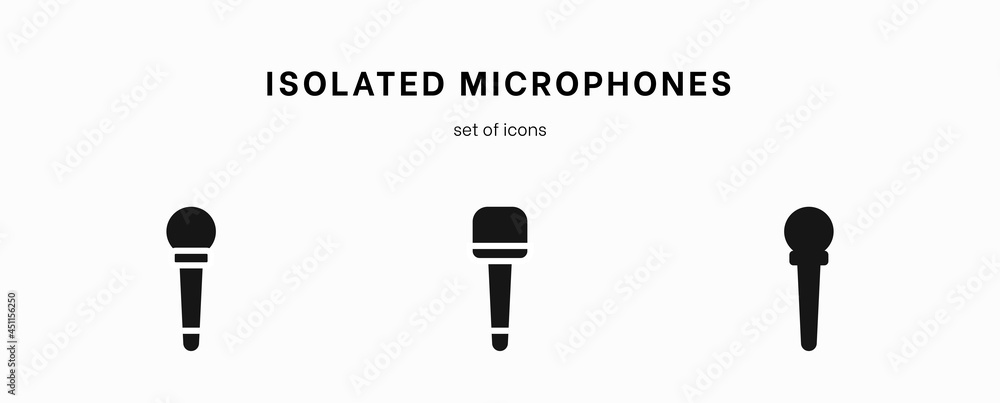 Microphone icon set. Collection of high quality outline audio pictograms in modern flat style. Black music symbol for web design and mobile app on white background. Speaker line logo. Microphone set Microphone icon set. Collection of high quality outline audio pictograms in modern flat style. Black music symbol for web design and mobile app on white background. Speaker line logo. Microphone set
