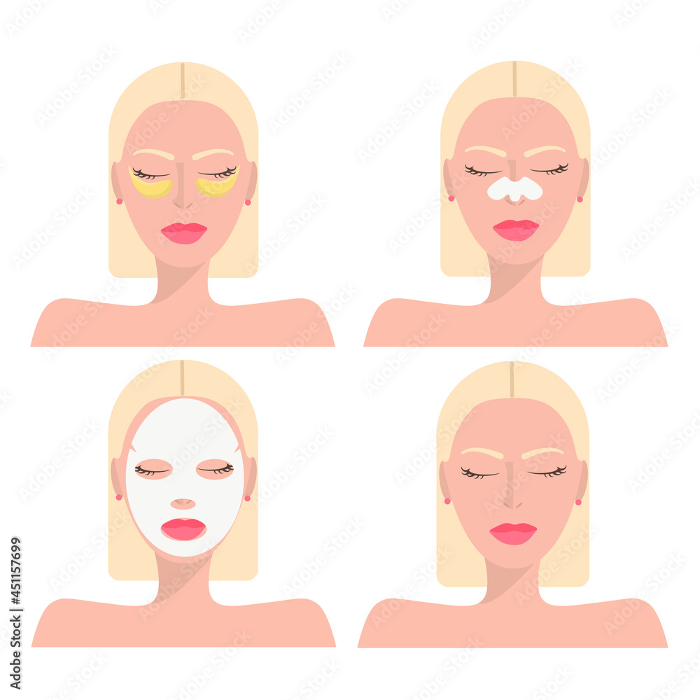 Vector set of facial care. Image of blonde girls with short hair with a face mask, patches, a charcoal mask that cleanses the nose Vector set of facial care. Image of blonde girls with short hair with a face mask, patches, a charcoal mask that cleanses the nose