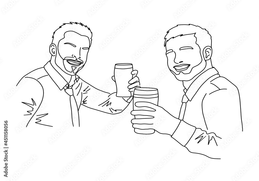 Smiling men holding beer glasses in their hands. Outline sketch. Cheerful people clinking. Friends drinking beer and toasting. Party, celebration concept. Vector illustration. Smiling men holding beer glasses in their hands. Outline sketch. Cheerful people clinking. Friends drinking beer and toasting. Party, celebration concept. Vector illustration.