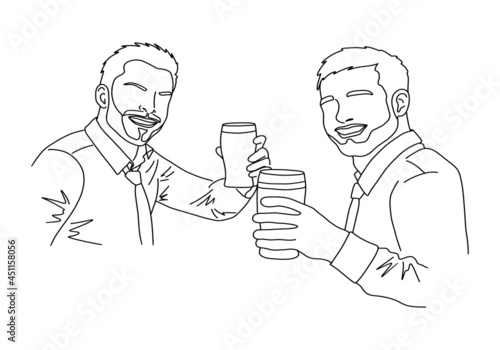 Smiling men holding beer glasses in their hands. Outline sketch. Cheerful people clinking. Friends drinking beer and toasting. Party, celebration concept. Vector illustration.