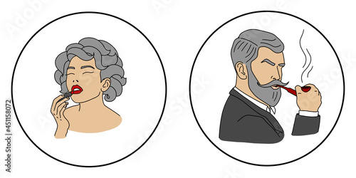 Retro lady and gentleman icon set. A bearded man with a pipe and a woman with lipstick. WC, toilet, restroom vintage signs template. Elegant classic style couple. Vector illustration.