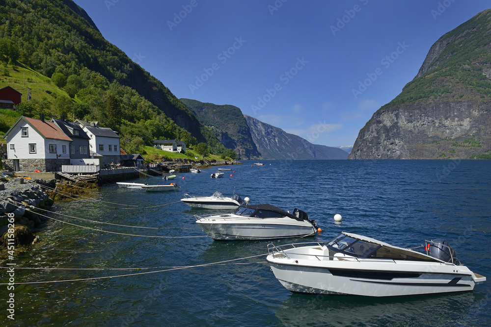 Undredal, small beautiful village at Aurland fjord, Norway. Aurlandsfjord landscape is UNESCO World Heritage Site.