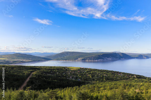 A scenic view from the hill to the Gertner Bay of Sea of Okhotsk, Magadan, Russian Far East photo