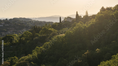 Panorama of the beautiful and green countryside of Perugia during sunrise  Umbria