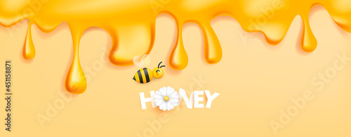 Honey syrup flowing from the top of the screen, bee illustration icon and honey text made of sticky paper with 3d white flower instead of o letter