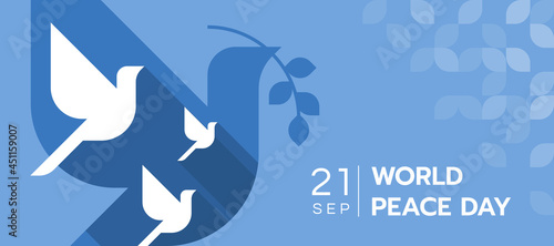 Stampa su tela World peace day - white dove flying on layer of dove holding olive branch symbol