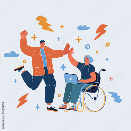 Vector illustration of woman disabled in a wheelchair working in team