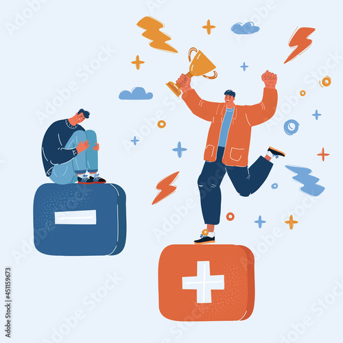 Vector illustration of smiling and crying faces. Pessimist and optimist concept.