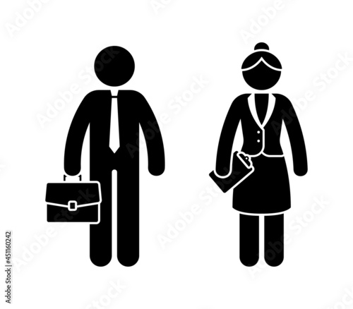 Business man and woman stick figures wearing tie and suit, standing front view vector icon set. Office workers male and female stickman silhouette pictogram on white background