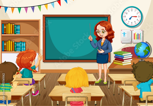 Teacher teaching students in the classroom scene