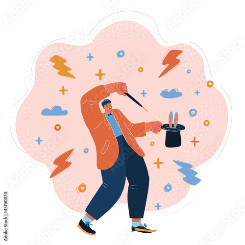 Vector illustration of Full length portrait of a magician holding a top hat with a rabbit