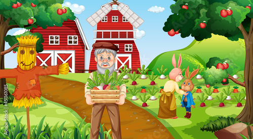Farm scene with old farmer man and farm animals