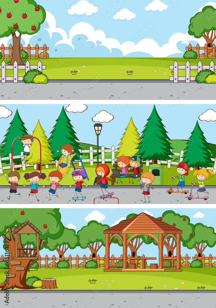Set of different horizon scenes background with doodle kids cartoon character Set of different horizon scenes background with doodle kids cartoon character