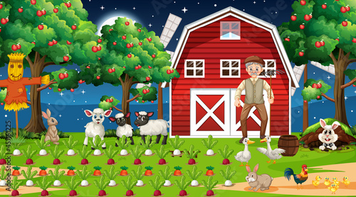 Farm scene at night with old farmer man and cute animals