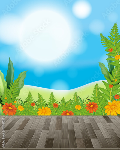 Nature background with flower field and green grass