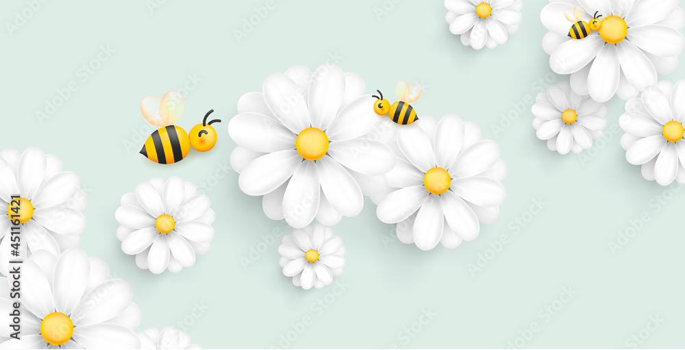 Soft pastel background with 3d realistic chamomile or daisy flower and bee collecting nectar Soft pastel background with 3d realistic chamomile or daisy flower and bee collecting nectar