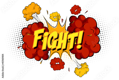 FIGHT text on comic cloud explosion isolated on white background