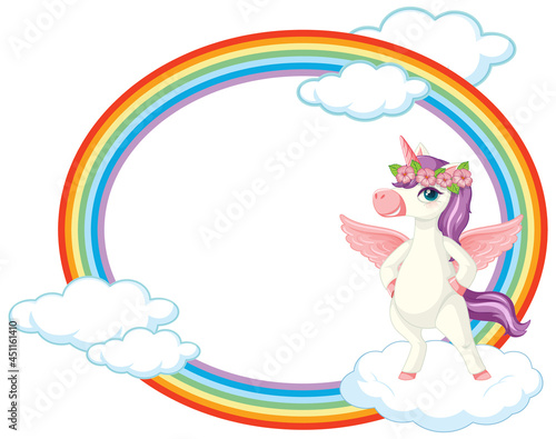Rainbow frame with cute unicorn cartoon character