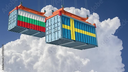 Freigth Containers with Bulgaria and Sweden national flags. 3D Rendering photo