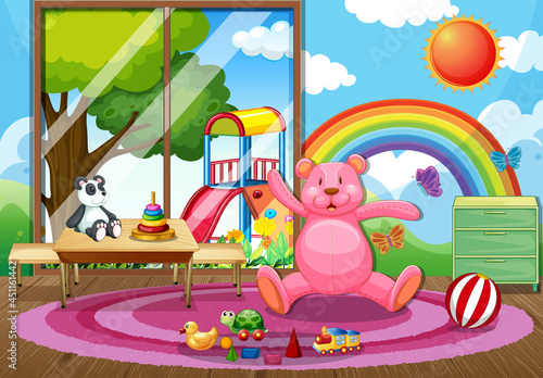Empty kindergarten classroom interior with many kid toys