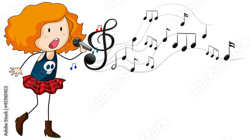 Doodle cartoon character of a singer girl singing with musical melody symbols
