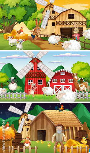 Different farm scenes with old farmer and animal cartoon character