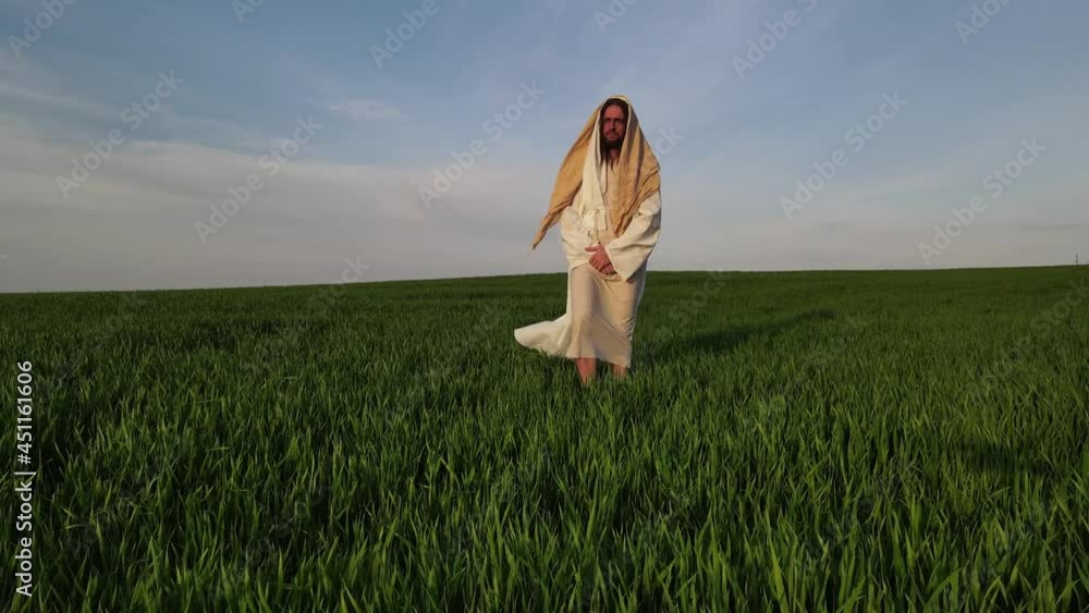 Jesus Christ walks on meadow against sky background. Jesus Christ walks on meadow against sky background.
