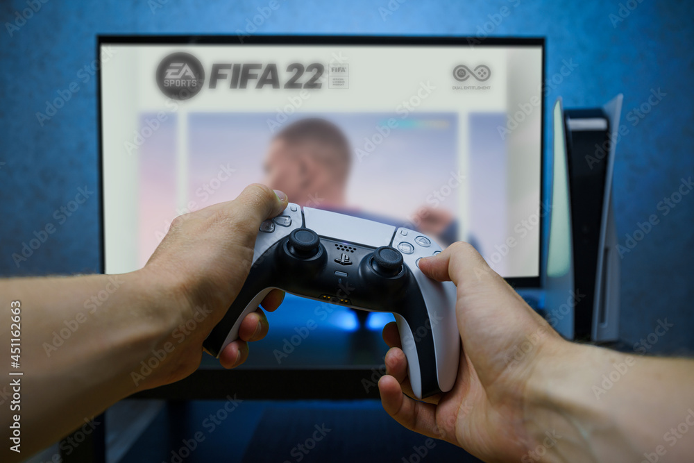 Fifa 2022 video game on new generation Sony Playstation 5 video console.  Point of view shot. Stock Photo | Adobe Stock